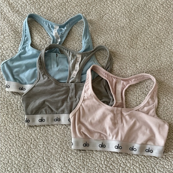 Set of 3 - ALO Yoga Ribbed Icon Racerback Sports Bras  - Blue, Pink, Gray - Picture 3 of 10